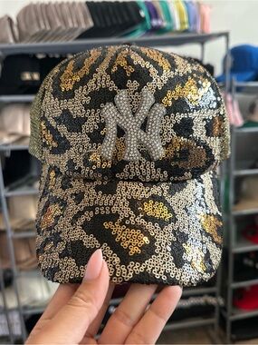Sequin Leopard Print Baseball Cap with Rhinestone Logo - Black & Gold